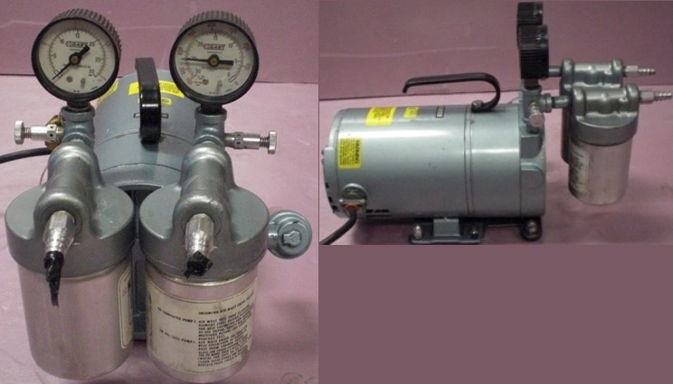 GAST VACUUM PUMP / AIR COMPRESSOR, SERNO:1090, WITH VACUUM GAUGE AND PSI GAUGE WITH EMERSON PUMP, 