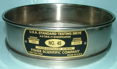 FISHER SCIENTIFIC COMPANY USA STANDARD TESTING SIEVE 8" ASTM E-11 SPECIFICATION # NO45 OPENING MICR