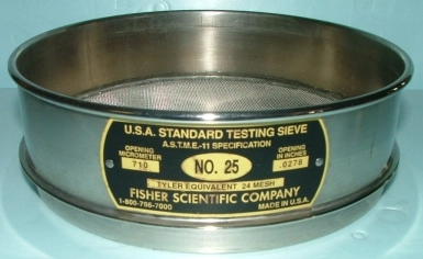 FISHER SCIENTIFIC COMPANY USA STANDARD TESTING SIEVE 8" ASTM -11 SPECIFICATIONS NO 25 OPENING IN MIC