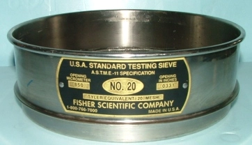 FISHER SCIENTIFIC COMPANY USA STANDARD TESTING SIEVE 8" ASTM -11 SPECIFICATION NO 20 OPENING MICROME