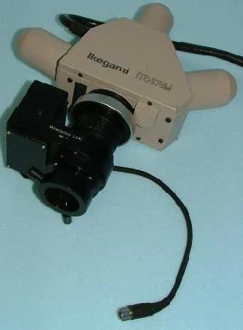 IKEGAMI TSUSHINKI MICROSCOPE LENS, MODEL: MSL-P, REV L, : 260, ITC 370M, WITH COLOR CAMERA HEAD MOD