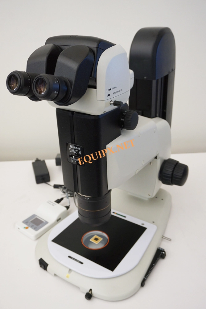 Nikon SMZ18 stereo microscope with Diascopic base and optional Tokai Hit heated stage (4475)