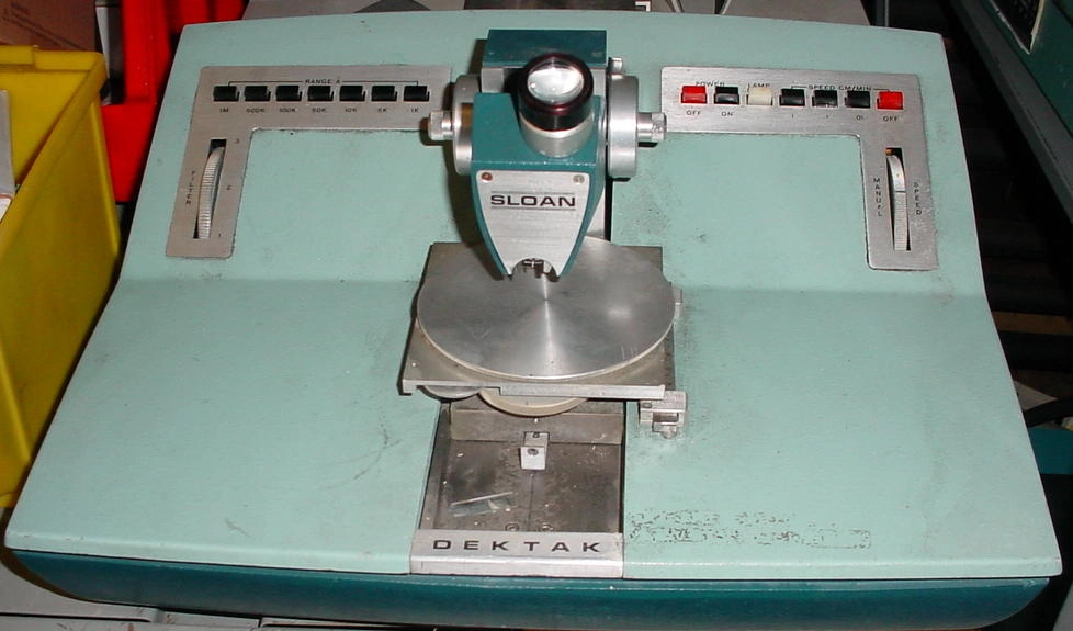 Sloan Dektak 900050 profile measurer w/recorder and FLM. First generation profilometer, offered as-is. Includes two main profile base units, 2 FLM and calibration flat. Needs TLC.