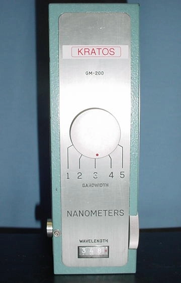 Kratos/Schoeffel/McPherson GM 200-1 double grating monochromator, 200-700 nm, 1, 2, 5, 10, 20 nm bandwidth selector, f/4 aperture ratio, quartz optics, slit height 6.35 mm.