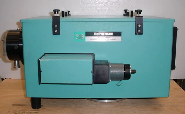 McPherson 219 .5 meter vacuum monochromator, f/8.7, Czerny Turner, takes 50 x 50mm snap-in grating, not included. With bilateral adjustable entrance and exit slits. Vacuum system not included