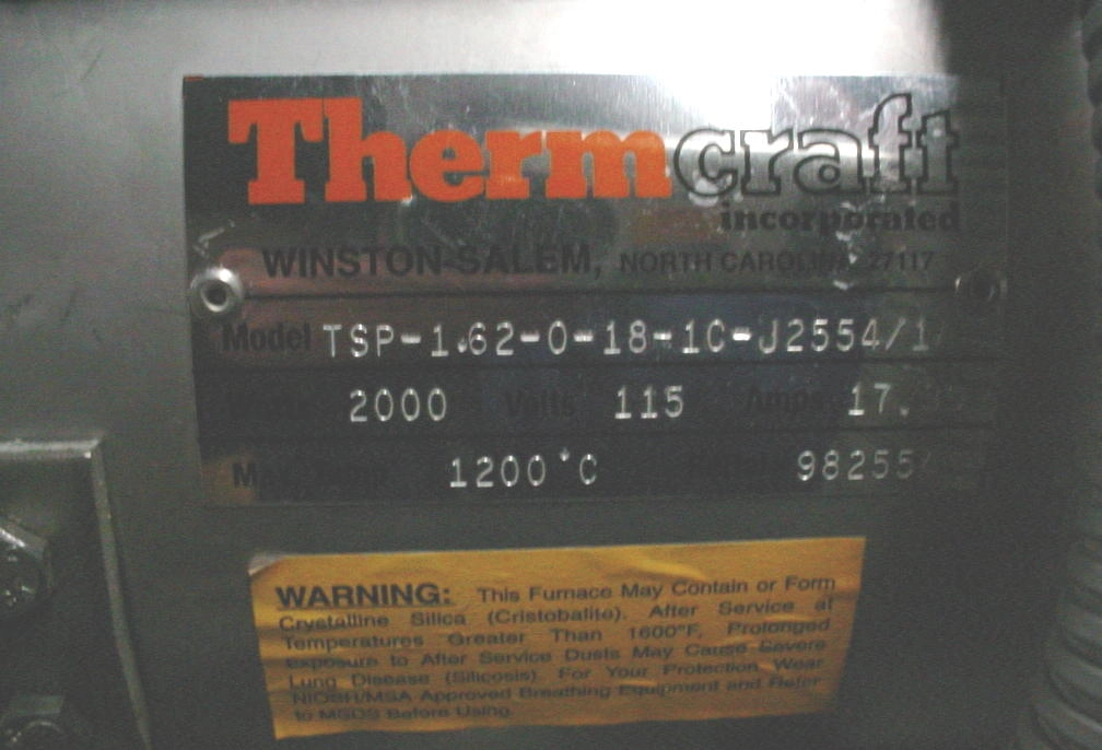 Thermcraft clamshell furnace 1,200 °C 1.5" x 18" long TSP1.62018