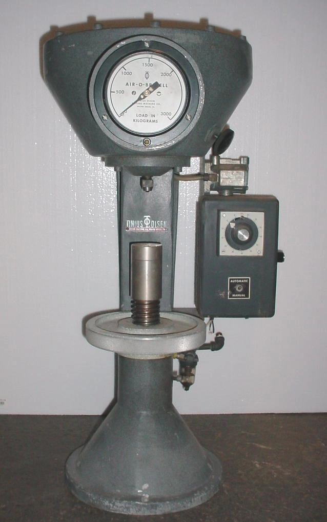 Tinius Olsen Air-O-Brinell hardness tester, AOB2&nbsp; 3,000 kg capacity. Requires compressed air and 115 volts for the timer.&nbsp; s/n 138298&nbsp; 153# net weight.