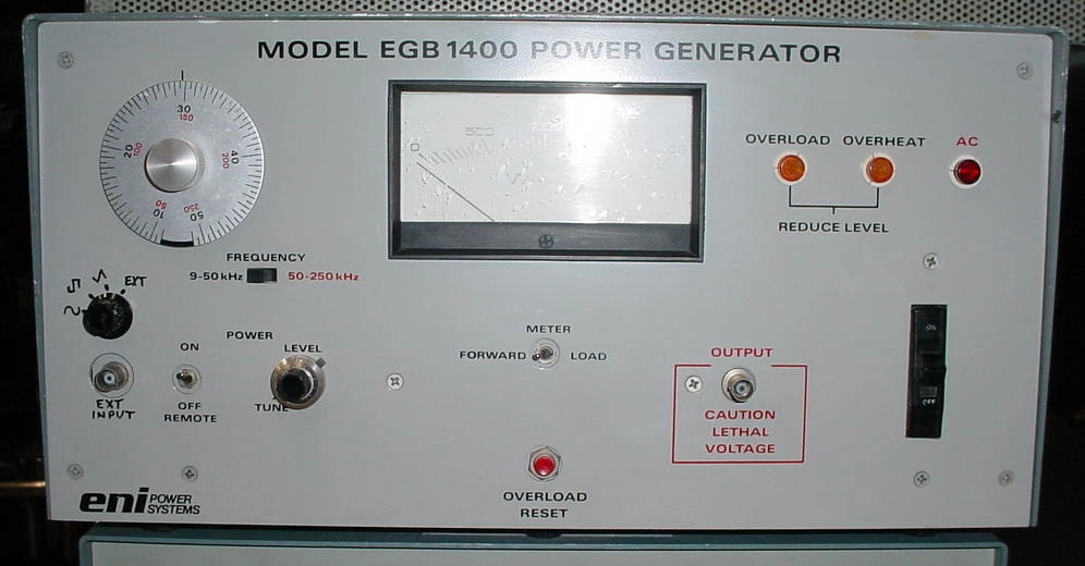 ENI EGB-1400, 9-250 Khz, 1,400 watts. runs, but 3 of 8 fuses blown in RF section.&nbsp; As-Is