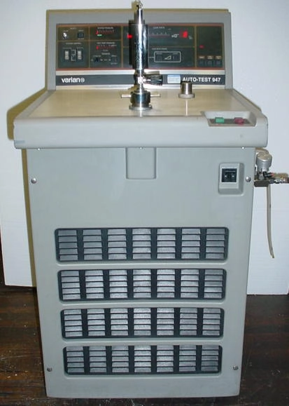 Varian 947 auto test leak detector, diffusion pumped,&nbsp; with&nbsp; roll around console No LN2 with 7cfm direct drive pumps. 115/60/1 20 amps Tested, in good operating condition.