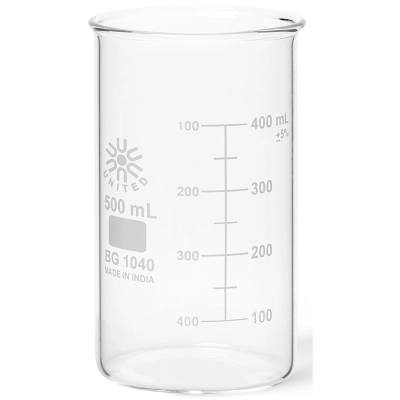 United Scientific 500 ml Beakers, Berzelius, Tall Form, No Spout, Borosilicate Glass BG1040-500