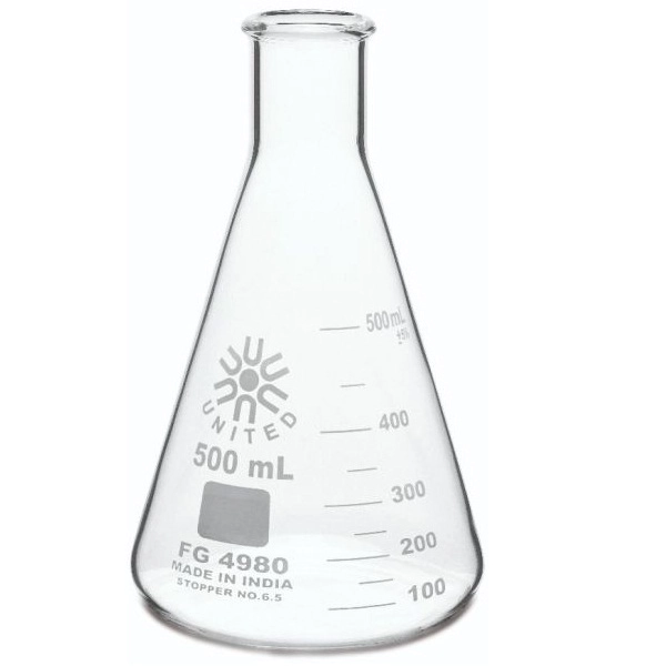 United Scientific 500 ml Erlenmeyer Flasks, Narrow Mouth, Borosilicate Glass FG4980-500-case