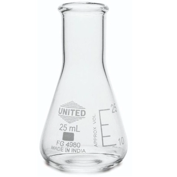United Scientific 25 ml Erlenmeyer Flasks, Narrow Mouth, Borosilicate Glass FG4980-25