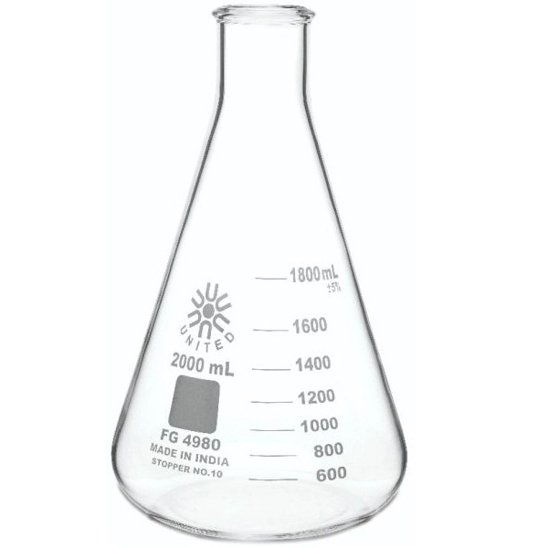United Scientific 2000 ml Erlenmeyer Flasks, Narrow Mouth, Borosilicate Glass FG4980-2000