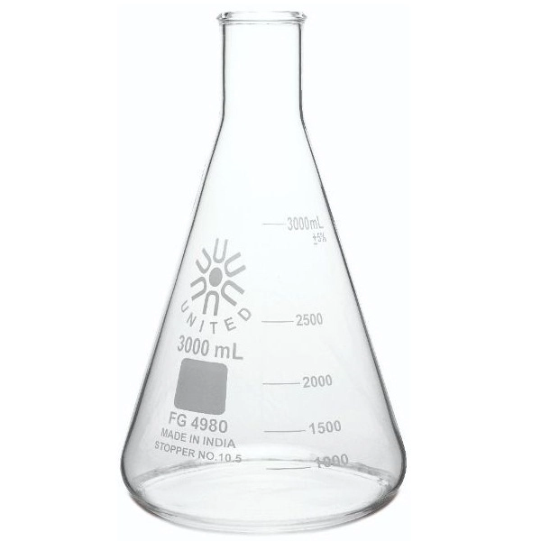 United Scientific 3000 ml Erlenmeyer Flasks, Narrow Mouth, Borosilicate Glass FG4980-3000