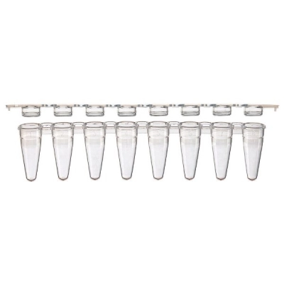 Globe Scientific 0.1mL 8-Strip Tube Low Profile w/Separate Clear Flat Cap White Box/125 PCR-STR-01FW