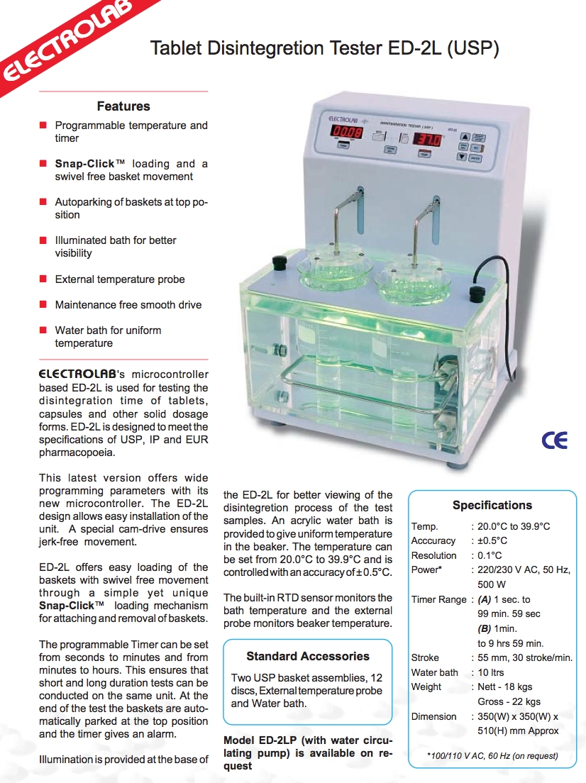 Electrolab ED2L Disintegration System Two Channel Tablet Disintegration System Pharmaceutical Disintegration System compare t