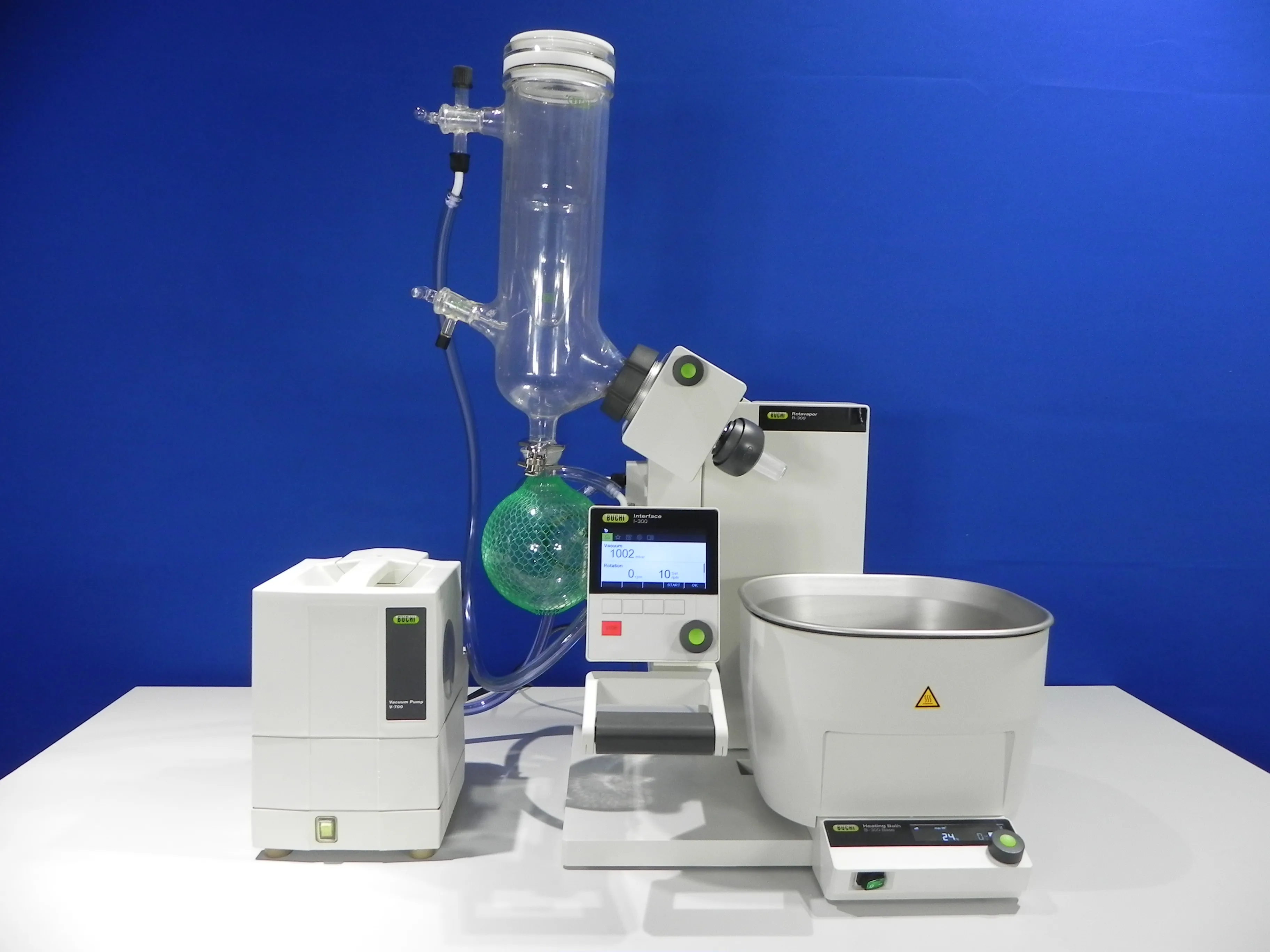 Buchi R-300 Rotavapor, integrated with Buchi Interface I-300, Buchi V-700 diaphragm vacuum pump and Buchi B-305 multi-functional digital heating bath. 