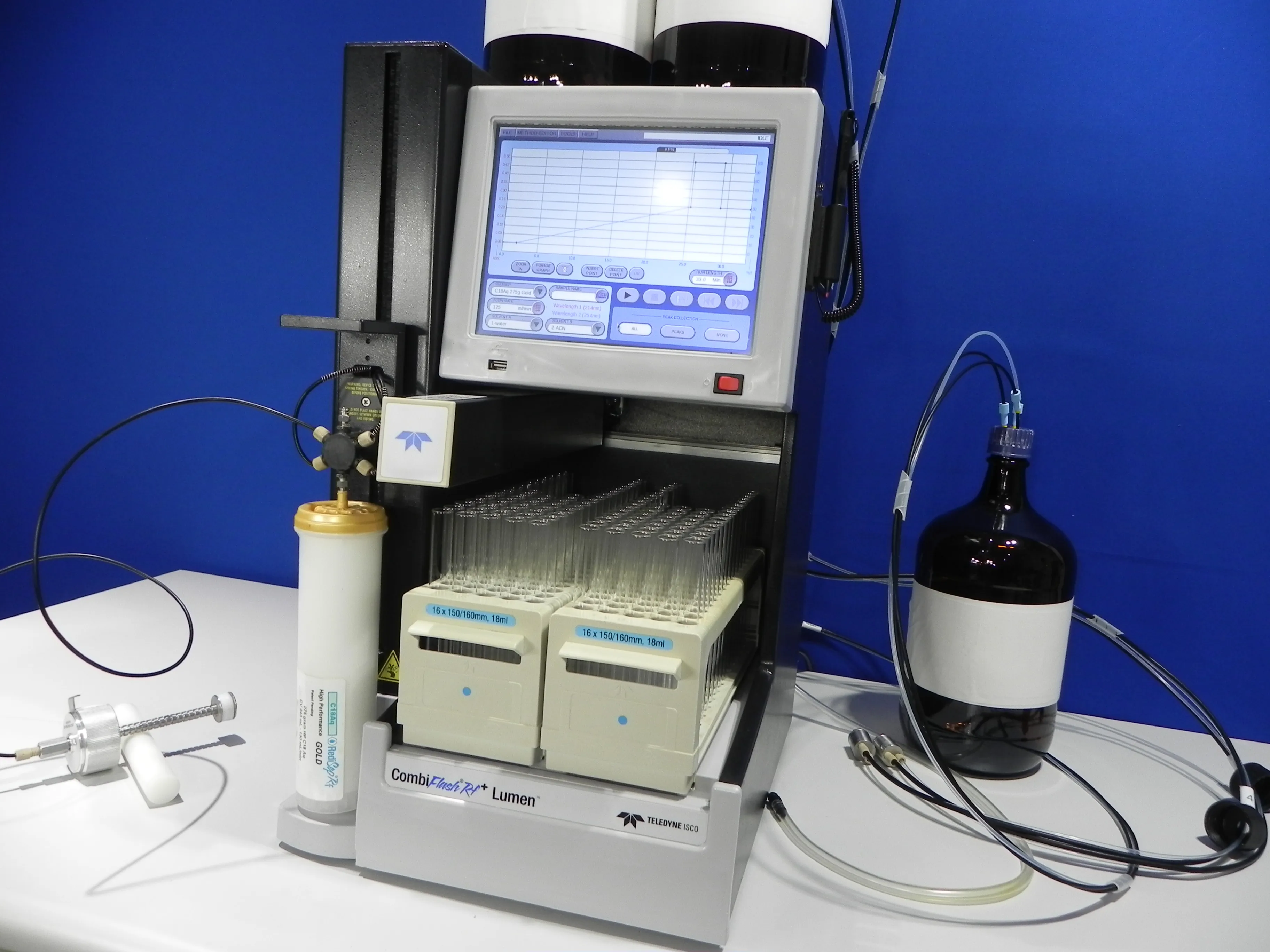 Teledyne ISCO Combiflash RF+ Lumen, automated flash chromatography system with built in preparative ELSD detector for normal and reverse phase separations. 