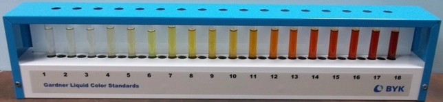 BYK GARDNER LIQUID COLOR STANDARDS, 18 COLORS, COLOR OF TRANSPARENT LIQUIDS COMPARED WITH LIQUID STA