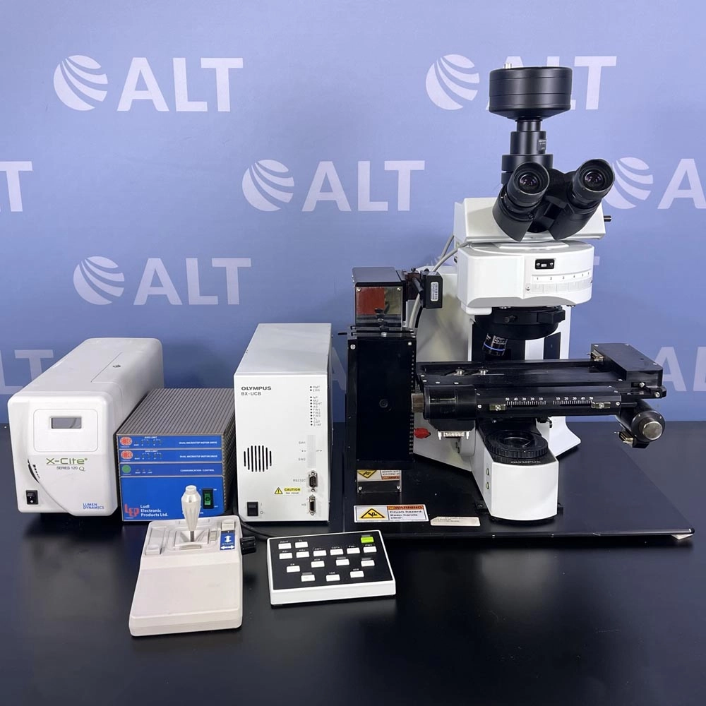 Olympus BX61 Microscope With BX-UCB Joystick Controller, X-Cite Series 120Q Fluorescence Light Source And LEP MAC 6000 Interface