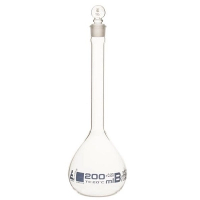 Eisco 200ml Volumetric Flask Class B, ASTM - Glass Stopper - Blue Graduation - Eisco Labs CH0442D