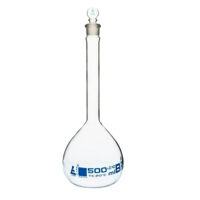 Eisco 500ml Volumetric Flask Class B, ASTM - Glass Stopper - Blue Graduation - Eisco Labs CH0442F