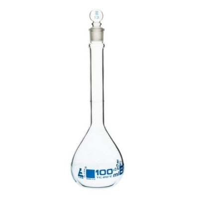 Eisco 100ml Volumetric Flask Class B, ASTM - Glass Stopper - Blue Graduation - Eisco Labs CH0442C