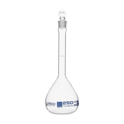 Eisco 250ml Volumetric Flask Class B, ASTM - Glass Stopper - Blue Graduation - Eisco Labs CH0442E