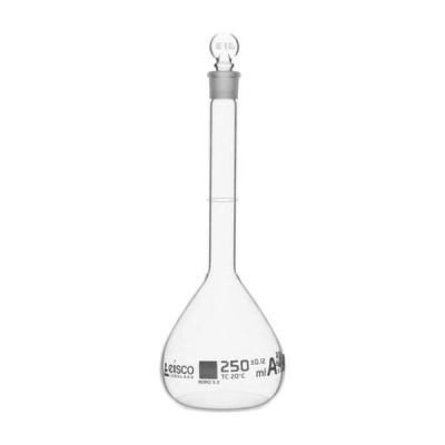 Eisco 250ml Volumetric Flask Class A, ASTM - Glass Stopper - White Graduation - Eisco Labs CH0441EWT