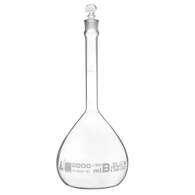 Eisco 2000ml Volumetric Flask Class B ASTM - Glass Stopper - White Graduation - Eisco Labs CH0442HWT