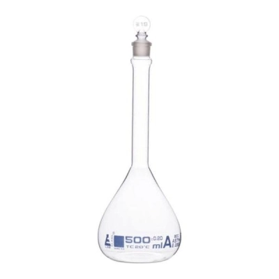 Eisco 500ml Volumetric Flask Class A, ASTM - Glass Stopper - Blue Graduation - Eisco Labs CH0441F