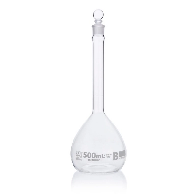 Globe Scientific 500mL Volumetric Flask, Globe Glass, Class B, 6/Box 8250500
