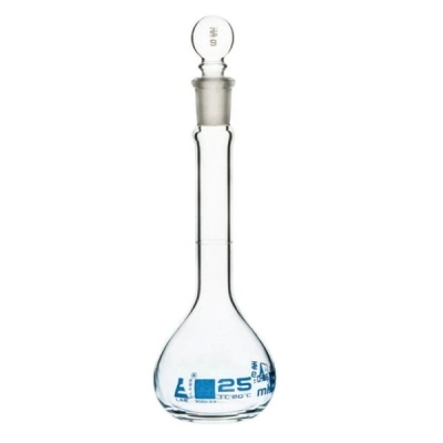 Eisco 25ml Volumetric Flask Class B, ASTM - Glass Stopper - Blue Graduation - Eisco Labs CH0442A