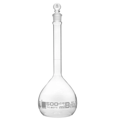 Eisco 500ml Volumetric Flask Class B, ASTM - Glass Stopper - White Graduation - Eisco Labs CH0442FWT