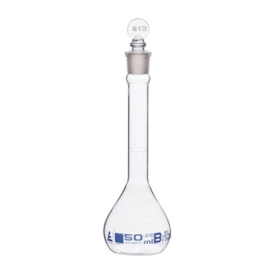 Eisco 50ml Volumetric Flask Class B, ASTM - Glass Stopper - Blue Graduation - Eisco Labs CH0442B