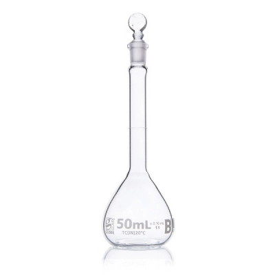 Globe Scientific 50mL Volumetric Flask, Globe Glass, Class B, 6/Box 8250050