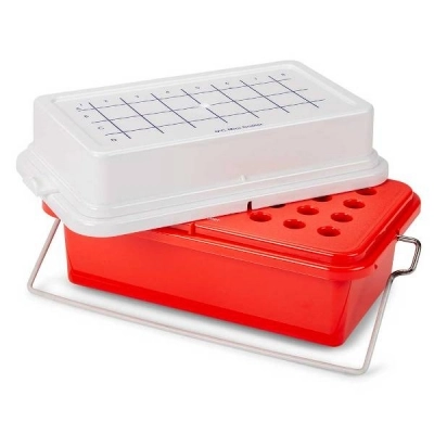 Globe Scientific Mini Cooler, 0&deg;C, 32-Place (4x8) for 1.5mL Tube Red with Gel Filled Cover 454003GC