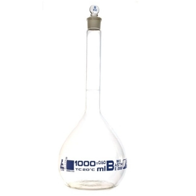 Eisco 1000ml Volumetric Flask Class B, ASTM - Glass Stopper - Blue Graduation - Eisco Labs CH0442G