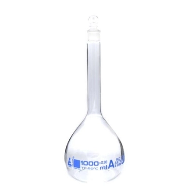 Eisco 1000ml Volumetric Flask Class A, ASTM - Glass Stopper - Blue Graduation - Eisco Labs CH0441G