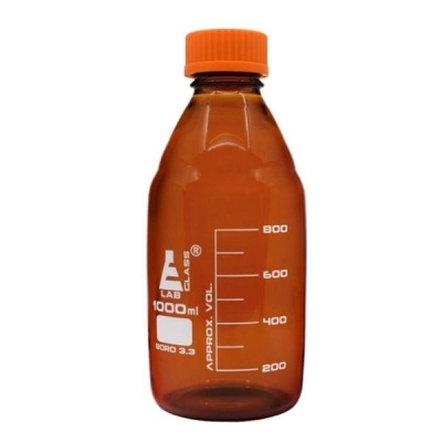 Eisco 1000ml Reagent Bottle Amber Colored Glass - Orange Screw Cap - Borosilicate 3.3 Glass CH0165D