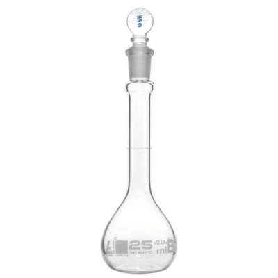 Eisco 25ml Volumetric Flask Class B, ASTM - Glass Stopper - White Graduation - Eisco Labs CH0442AWT