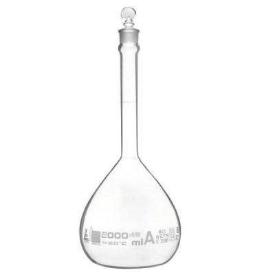 Eisco 2000ml Volumetric Flask Class A ASTM - Glass Stopper - White Graduation - Eisco Labs CH0441HWT