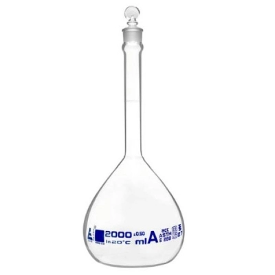 Eisco 2000ml Volumetric Flask Class A, ASTM - Glass Stopper - Blue Graduation - Eisco Labs CH0441H