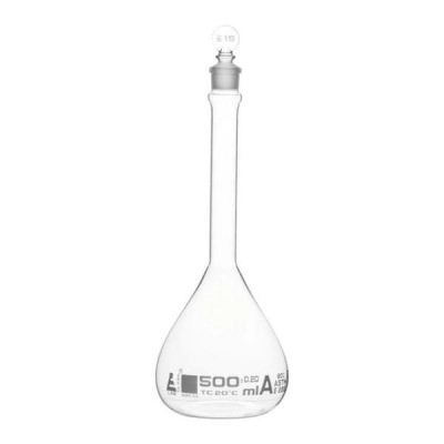 Eisco 500ml Volumetric Flask Class A, ASTM - Glass Stopper - White Graduation - Eisco Labs CH0441FWT