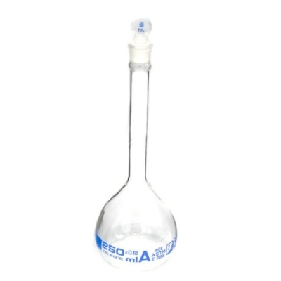 Eisco 250ml Volumetric Flask Class A, ASTM - Glass Stopper - Blue Graduation - Eisco Labs CH0441E
