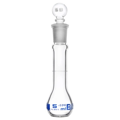 Eisco 5ml Volumetric Flask ASTM, Class B #9 Glass Stopper - Blue Graduation - Eisco Labs CH0442A01