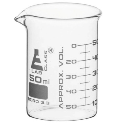 Eisco 50ml Beaker ASTM - Low Form, Dual Scale Graduations - Borosilicate Glass CH0124B