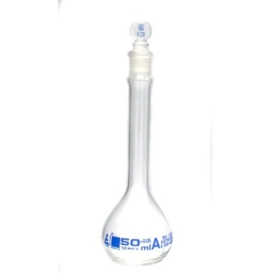 Eisco 50ml Volumetric Flask Class A, ASTM - Glass Stopper - Blue Graduation - Eisco Labs CH0441B