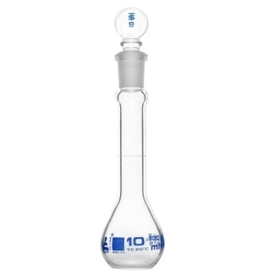 Eisco 10ml Volumetric Flask Class A, ASTM - Glass Stopper - Blue Graduation - Eisco Labs CH0441A02