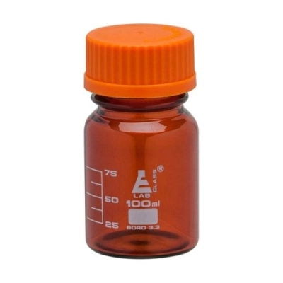 Eisco 100ml Reagent Bottle Amber Colored Glass - Orange Screw Cap - Borosilicate 3.3 Glass CH0165A